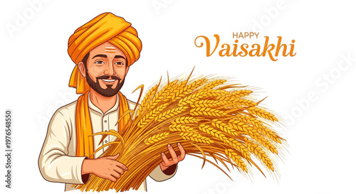 A joyful cartoon illustration for Happy Vaisakhi celebration, showcasing a smiling Punjabi farmer in traditional dress holding a bundle of golden wheat against a clean white background