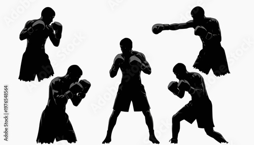 Five silhouettes of a boxer in motion demonstrating athleticism and skill,  sport concept 