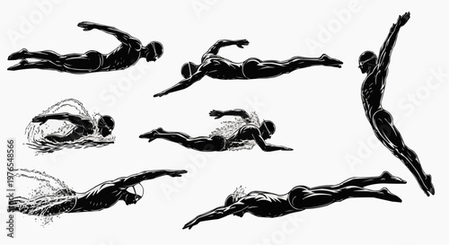 Collage of European male swimmers in motion diving and swimming action, sport concept  