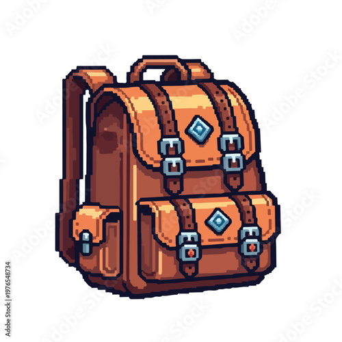 A pixel art vector illustration of a brown leather backpack featuring multiple straps, silver buckles, and blue diamond-shaped accents on its pockets.