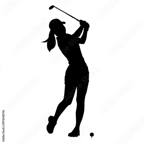 Bild auf Leinwand A silhouette of a female golfer in the process of swinging a golf club, with a golf ball visible on the tee