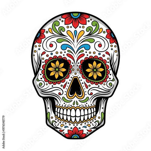 Colorful sugar skull with floral designs.