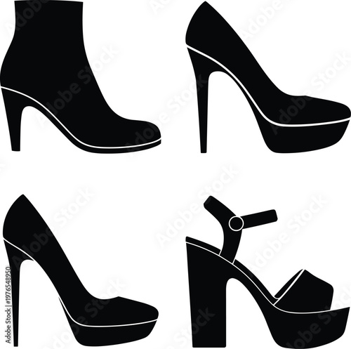 PrintHigh heel shoe silhouettes, fashion footwear, stiletto design, platform heels, ankle boots, open toe style, women’s shoes, elegant fashion, vector illustration, stylish icon