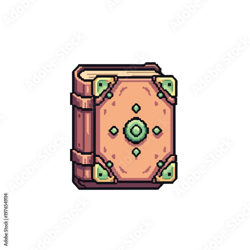 A pixel art illustration of a vintage, leather-bound magic book or spellbook featuring ornate green and gold metallic decorations on its cover.