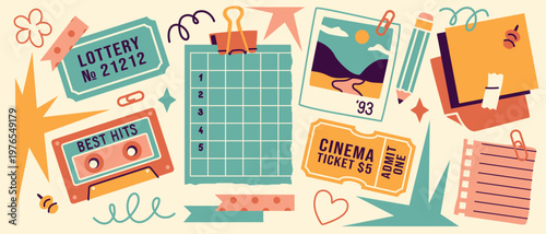Nostalgic flat style collage collection with cassette tape, cinema tickets, lottery tickets, and copy space. Cool 90s journal vibe elements for scrapbooking, planners, and memories.