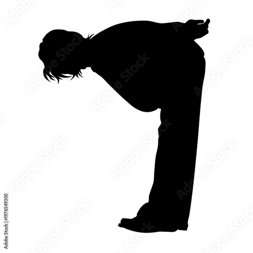A silhouette of a person bowing with hands clasped behind.