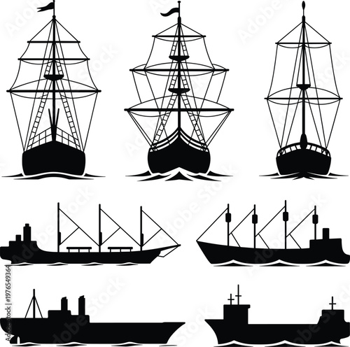 PrintShip silhouette vector, sailing vessels, cargo ships, military boats, ocean waves, maritime design, black outline, nautical illustration, transport icon, historical and modern