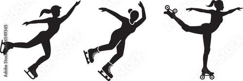 Set of Silhouette Illustrations of Female Ice Skaters Performing Various Figure Skating Poses