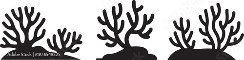 Set of Underwater Coral Reef Silhouette Illustrations for Marine Life and Ocean Ecosystem Desig