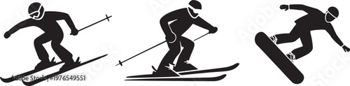 Set of Winter Sport Silhouette Icons Featuring Alpine Skiing and Snowboarding Vector Illustrati