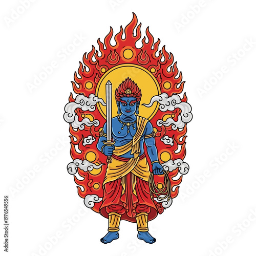 Blue Hindu God Statue With Sword.
