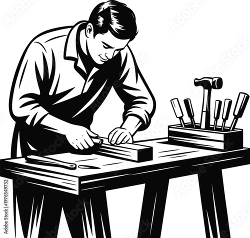 PrintWoodworking craftsman illustration, traditional carpentry art, hand tool workbench scene, artisan skill, rustic workshop decor, detailed vector drawing, craftsmanship focus