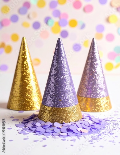Three sparkly party hats with confetti on light-pink background