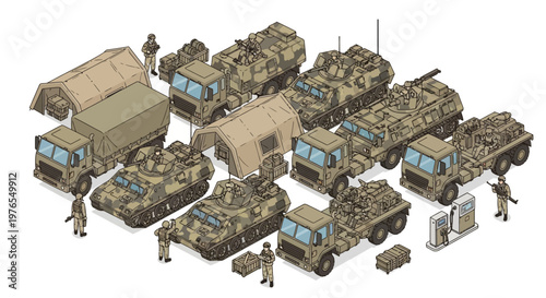 Isometric army base design showcases a military compound featuring various camouflaged vehicles, tents, and supply points on a neutral background, rendered in a detailed vector style