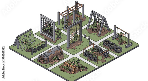Isometric vector illustration of a 3D military training base featuring obstacle courses, including tire runs, climbing walls, and rope bridges, presented in a detailed design