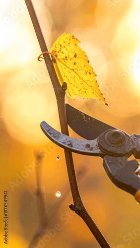 Pruning shears cutting a branch with a single yellow leaf at sunset