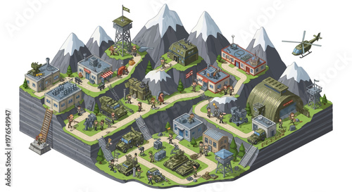 Isometric 3D military base illustration features a detailed army camp nestled in a mountainous region, complete with barracks, a watchtower, tanks, and a helicopter, showcasing a strategic
