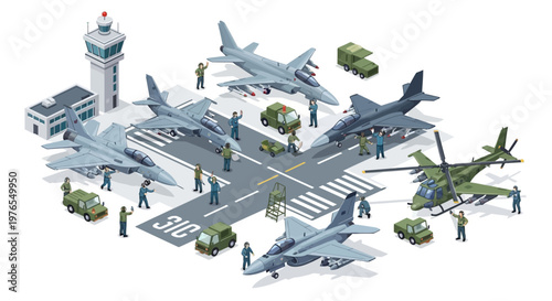 Isometric 3D illustration showing a military base with various aircraft, vehicles, and personnel on the tarmac, set against a plain white background, with a clean and detailed vector
