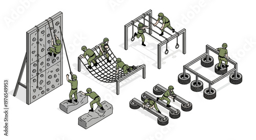A 3D isometric illustration features a military training area with soldiers navigating an obstacle course, including a climbing wall, net, and tire obstacles, rendered in a clean vector