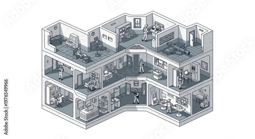 Detailed 3D isometric illustration of a military barracks isometric design showing a multi-level army base strategy map with soldiers, equipment, and various rooms, presented with a cutaway