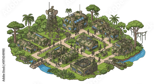Isometric 3D illustration showing a military base camp with barracks and defense structures nestled among lush tropical trees, depicted in a detailed vector design with a strategic layout