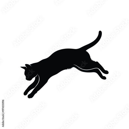 Black cat jumping silhouette vector illustration, leaping kitten action pose icon isolated on white background