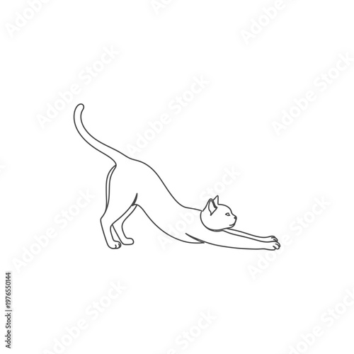 Minimalist line art cat stretching illustration, cute kitten stretch pose outline vector isolated on white background