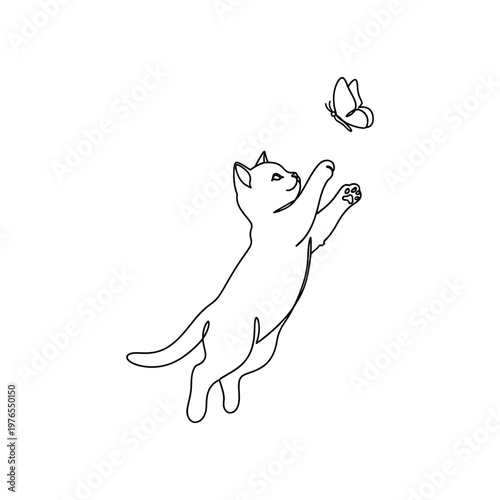 Minimalist line art cat chasing butterfly vector illustration, cute playful kitten outline drawing isolated on white background