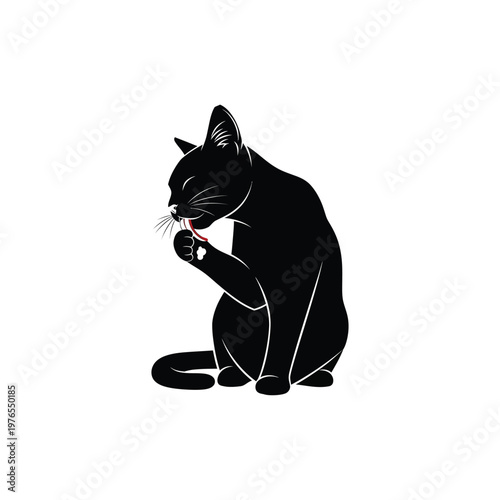 Black cat grooming silhouette vector illustration, licking paw kitten cleaning icon isolated on white background