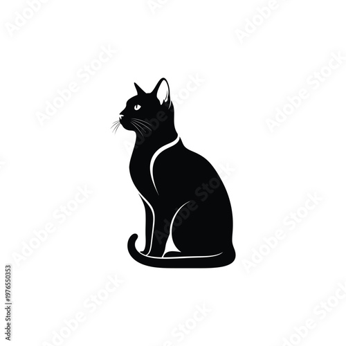 Elegant black cat sitting silhouette vector illustration, minimalist feline icon isolated on white background