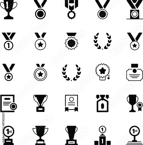 PrintAward recognition icon collection, trophy medal ribbon certificate artwork, achievement symbol vector design, competition prize concept, gamification reward illustration