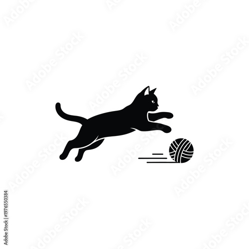 Black cat silhouette chasing yarn ball vector, playful kitten jumping icon isolated on white background
