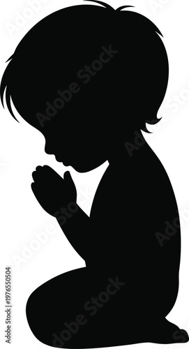 PrintChild praying silhouette illustration, spiritual artwork design, religious devotion vector, innocence contemplation artwork, inspirational faith concept, black spiritual silhouette illustration