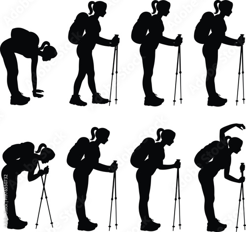 PrintHiking warm up silhouette illustration, trekking exercise poses, backpack outdoor activity artwork, stretching vector design, adventure preparation concept, fitness artwork