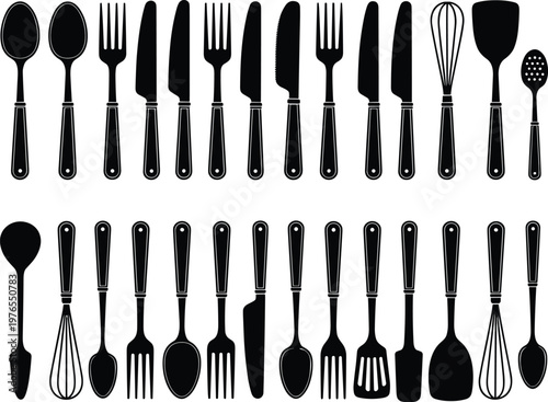 PrintKitchen utensil silhouette grid, spoon fork knife spatula whisk ladle icons, cooking tool vector illustration, culinary design artwork collection
