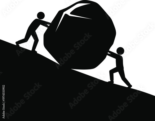 PrintTeamwork perseverance silhouette illustration, people pushing boulder uphill, struggle effort concept artwork, challenge overcoming design, black vector motivational artwork