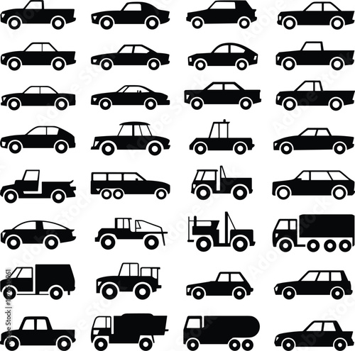 PrintVehicle silhouette grid, diverse automobile collection, sedan SUV truck van icons, transportation design set, black car outline illustration artwork