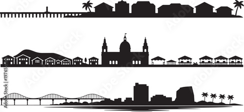 Caribbean tropical coastal skyline silhouettes with palm trees bridge and beach house icons