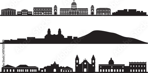 Classic architectural facades and city silhouettes with dome cathedral and mountain profiles