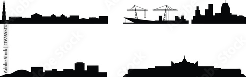 Collection of diverse city skylines featuring modern towers port cranes and historic domes