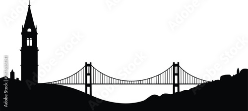 Coastal town silhouette featuring suspension bridge and clock tower vector landscape graphic