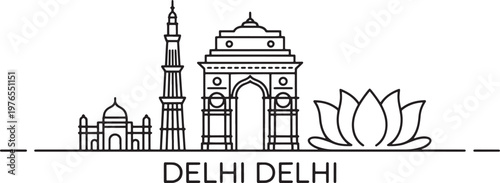 Delhi skyline line art featuring India gate Qutub minar Lotus temple and Jama masjid monuments