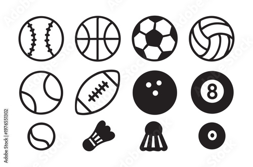 Collection of various black and white sports equipment icons displayed neatly