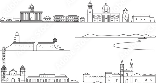 Historical skyline of Asmara city with landmarks and architecture in thin line vector style icon