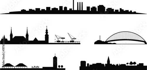 Industrial and urban landscapes skyline silhouettes with bridge power plant and port cranes