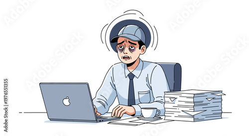 An exhausted office worker depicted in a vector illustration, sits at a desk with a laptop and a large stack of papers, conveying workplace stress and burnout with swirling lines above