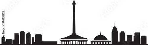 Jakarta city skyline silhouette in black and white with central monuments