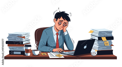 Illustration of an exhausted office worker slumped at a desk in a cartoon style, surrounded by stacks of paperwork and a laptop, conveying work burnout and stress against a clean