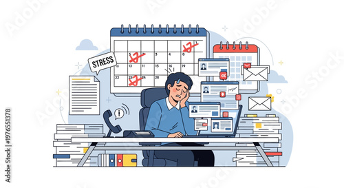 A cartoon-style illustration shows an exhausted office worker at a desk covered with paperwork, computers, and calendars, visually expressing burnout at work with a muted color palette