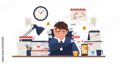 Illustration of an exhausted office worker experiencing burnout at work, depicted with scattered papers, a laptop, and overflowing inbox against a clean white background in a flat design